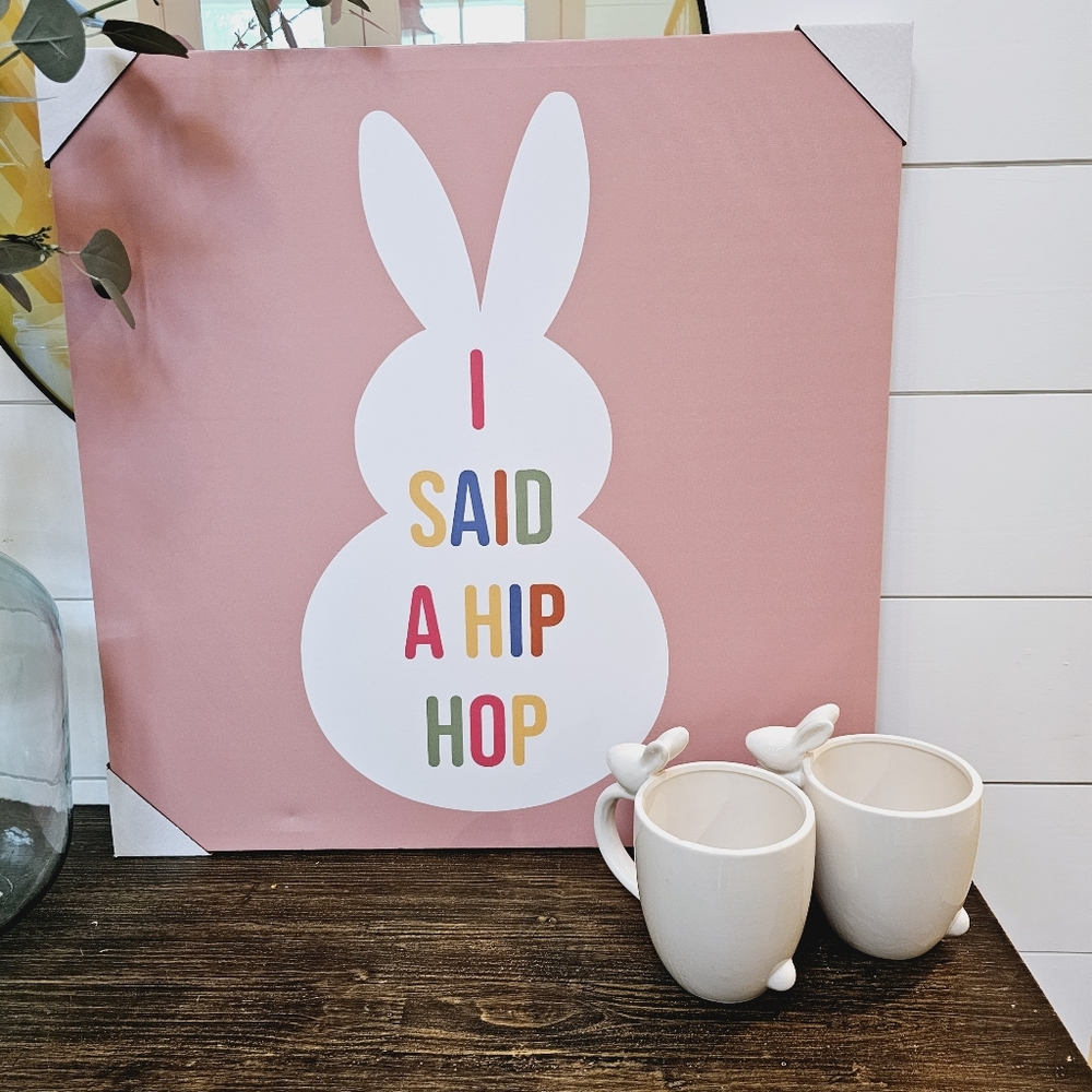 24"x24" Spring bunny canvas art with set of 2 large mugs with bunny